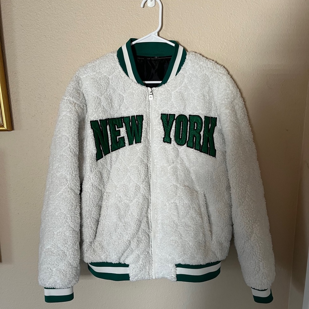 SHEIN White & Green Unisex Sherpa Bomber Jacket "New York" Lettering